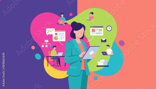 Businesswoman managing remote team operations and productivity using a tablet