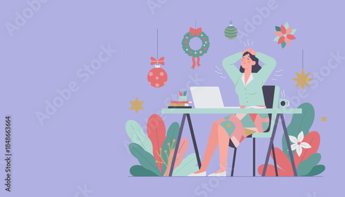 Holiday burnout Stressed woman working late at her decorated desk with a laptop