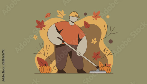 Worker cleaning yard debris with a tool during autumn harvest season Fall maintenance vector illustration