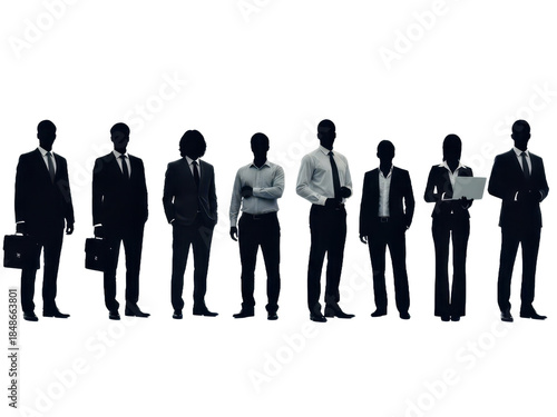 Silhouettes of business people standing in a row, group of professionals in formal attire, isolated on transparent background