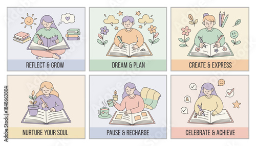 Selfcare and personal development steps through daily journaling including reflection planning creation and rest