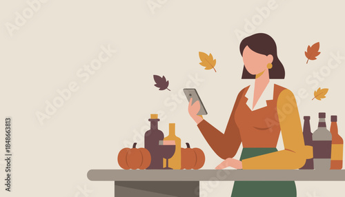 Fall preparation Woman uses phone near pumpkins and wine bottles Autumn lifestyle vector