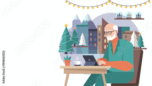 Elderly man working on tablet in cozy Christmas setting with city view and coffee