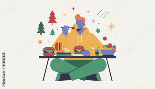 Flat vector illustration of a person enjoying a huge holiday meal with fast food and fruit
