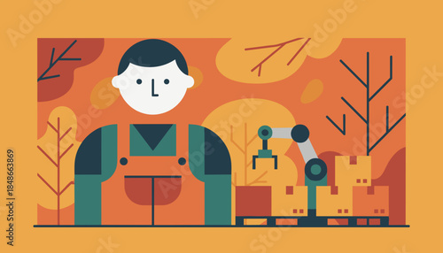 Industrial automation concept with worker robot arm and shipping boxes