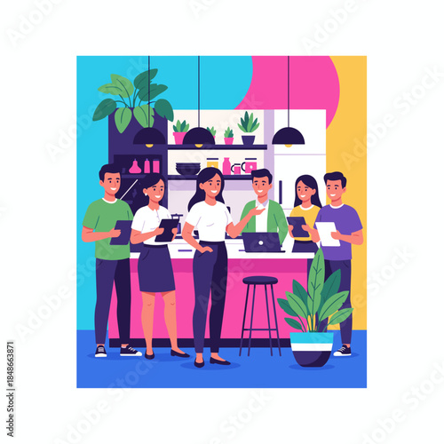 Modern team collaboration in a vibrant office kitchen Diverse professionals discuss business strategy