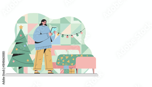 Woman using a tablet in a cozy room with a Christmas tree and gifts Holiday shopping concept