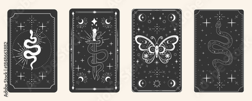 Tarot card frame spiritual esoteric reverse border magic sacred cover card. Mystic elements moon, sun, magic moth, snake fantasy sign.