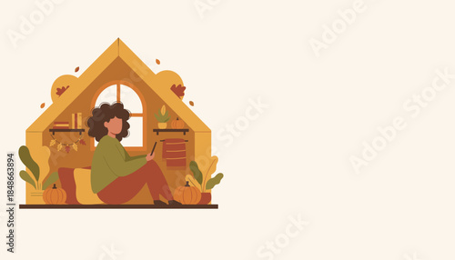 Cozy woman relaxing in an attic home enjoying autumn comfort and reading on her tablet