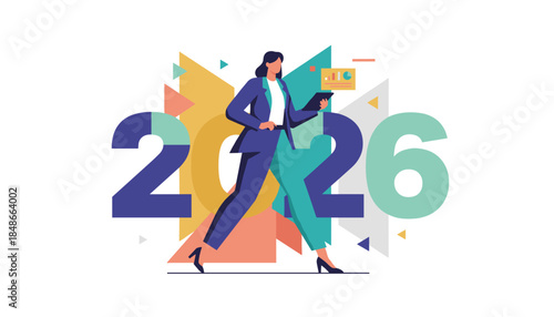 Confident businesswoman plans business success for the New Year 2026 Financial strategy and future goals concept