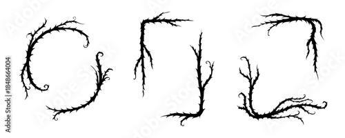 Thorn vine frames and borders vector set. Black twisted thorn branches, barbed stems, creepy patterns. Isolated design elements for tattoos, gothic art, religious symbols.