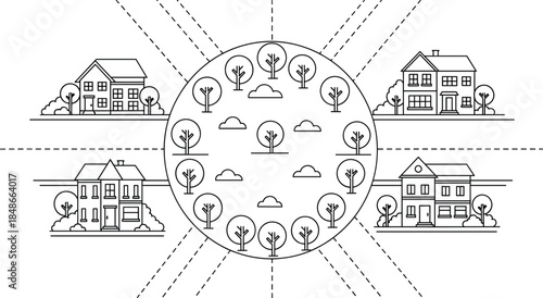 Minimalist line art illustration of residential houses surrounding a circular green park with trees representing eco friendly urban planning and neighborhood