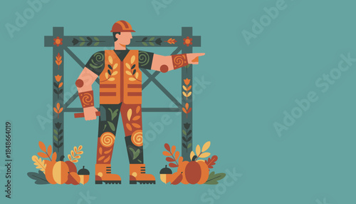Stylized illustration of a safety worker directing with autumnal harvest elements