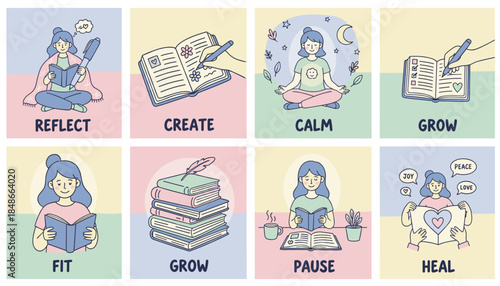 Set of cute illustrations for selfcare featuring mental health practices like journaling meditation reading and personal growth