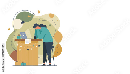 Burnout during the holidays Frustrated worker stressed by laptop work near festive decor