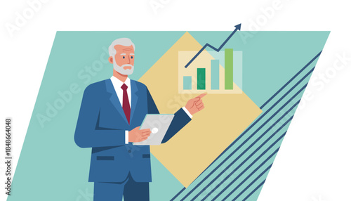Experienced executive presenting growth strategy using tablet and upward trending chart illustration