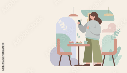 Woman taking a photo of her winter cafe breakfast on a phone Cozy lifestyle illustration