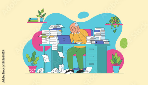 Overwhelmed senior man stressed by massive paperwork pile on his office desk symbolizing bureaucracy and exhaustion