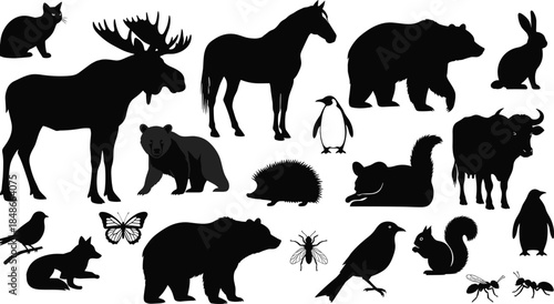 Black Silhouette Collection of Wild and Domestic Animals Including Bear Moose Horse Penguin Bird and Insects Isolated on White Background