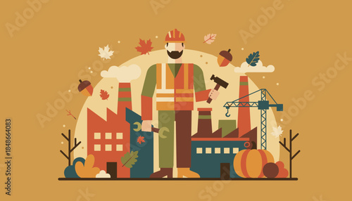 Industrial worker holding tools among factories and autumn elements symbolizing fall labor manufacturing and construction