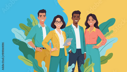 Professional and diverse team smiling representing teamwork startup culture and success