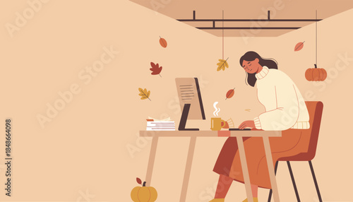 Woman works remotely at an autumnal desk setup Fall mood productivity and cozy comfort