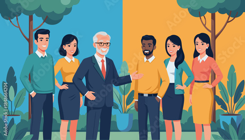 Senior leader with diverse team outdoors symbolizing partnership and professional collaboration