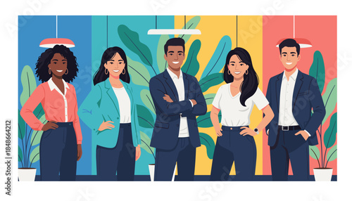 Diverse business team of five smiling in a modern vibrant office environment