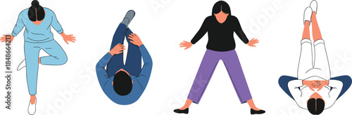 Top view people illustrations set showing diverse characters standing walking lying flat design for UI apps websites marketing branding vector