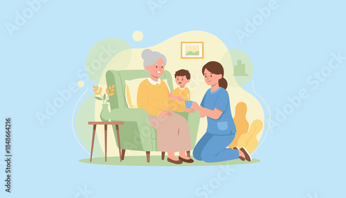 Professional caregiver assists senior woman and child at home Elderly care and family support