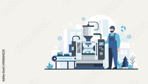 Factory worker operating industrial machinery for winter production Automated manufacturing concept