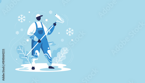 Illustration of a dedicated worker with a paint roller in a snowy blue winter setting