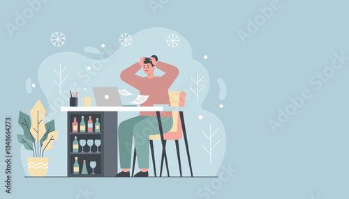 Frustrated worker stressed by paperwork and bills during the lonely winter season