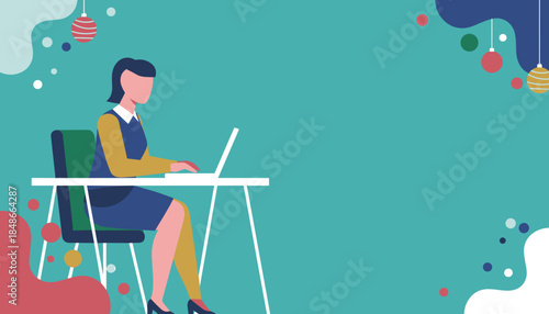 Professional woman working on a laptop in a festive office setting Holiday business illustration