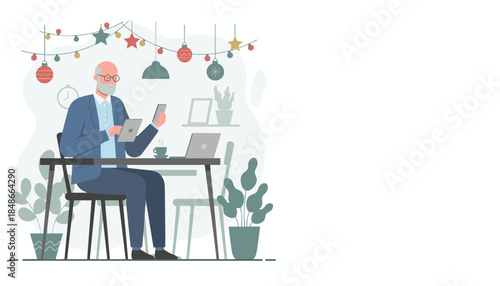 Senior executive uses multiple devices in a modern festive office setting