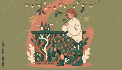 Young woman texts at a cozy winter bar counter decorated with festive lights and holly enjoying wine