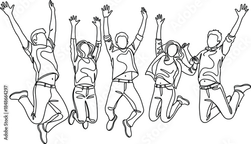Continuous one line drawing of a happy group of diverse young friends jumping together for joy celebrating success and freedom in minimalist style