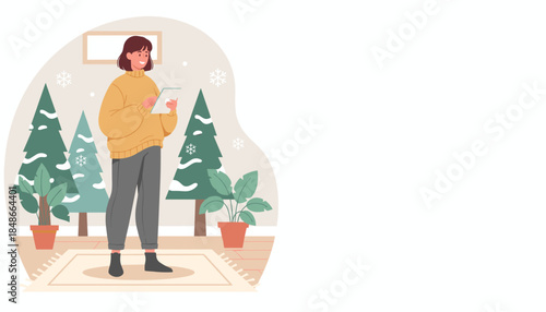 Smiling woman using digital tablet in a cozy winterthemed interior with Christmas trees