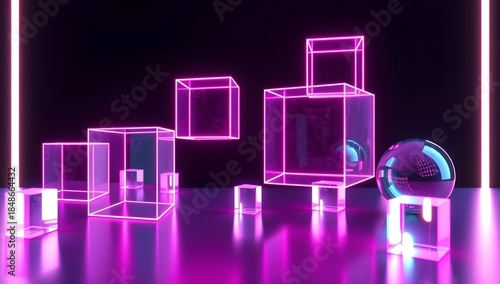 Abstract 3D Background with Neon Pink Wireframe Cubes and Floating Glass Spheres
