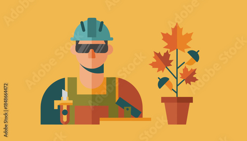 Professional construction worker illustration with tools and fall potted plant on yellow background