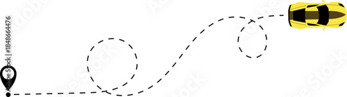 Race car driving on dotted route with map pin. Supercar toy and dotted line. Dashed line route. Travel navigation routes with dash line path, location pins. Car icon with line start point set. 2d game