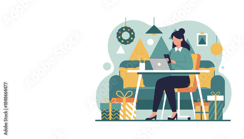 Woman working remotely at home office during the holidays surrounded by gifts