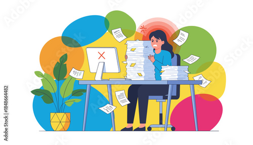 Overwhelmed angry businesswoman stressed by huge paperwork load and looming deadlines in the office