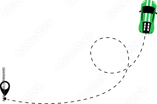 Race car driving on dotted route with map pin. Supercar toy and dotted line. Dashed line route. Travel navigation routes with dash line path, location pins. Car icon with line start point set. 2d game