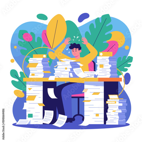 Stressed employee overwhelmed by massive piles of paperwork and bureaucracy at the office Work overload and burnout concept