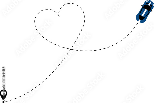 Race car driving on dotted route with map pin. Supercar toy and dotted line. Dashed line route. Travel navigation routes with dash line path, location pins. Car icon with line start point set. 2d game
