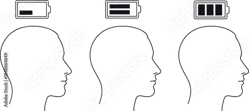 Set of minimalist line art icons showing human head profiles with battery charge levels representing mental energy fatigue burnout and brain power