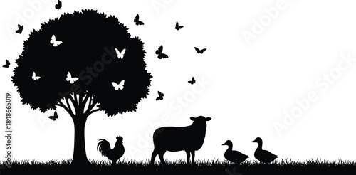 Black Silhouette of Farm Animals including Sheep Rooster and Ducks Under a Large Tree with Butterflies in a Rural Meadow