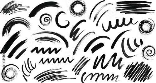 Various abstract hand-drawn black ink brush strokes and shapes collection
