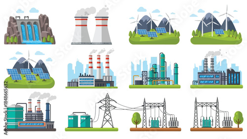 Diverse energy sources and infrastructure power plants wind turbines and solar panels